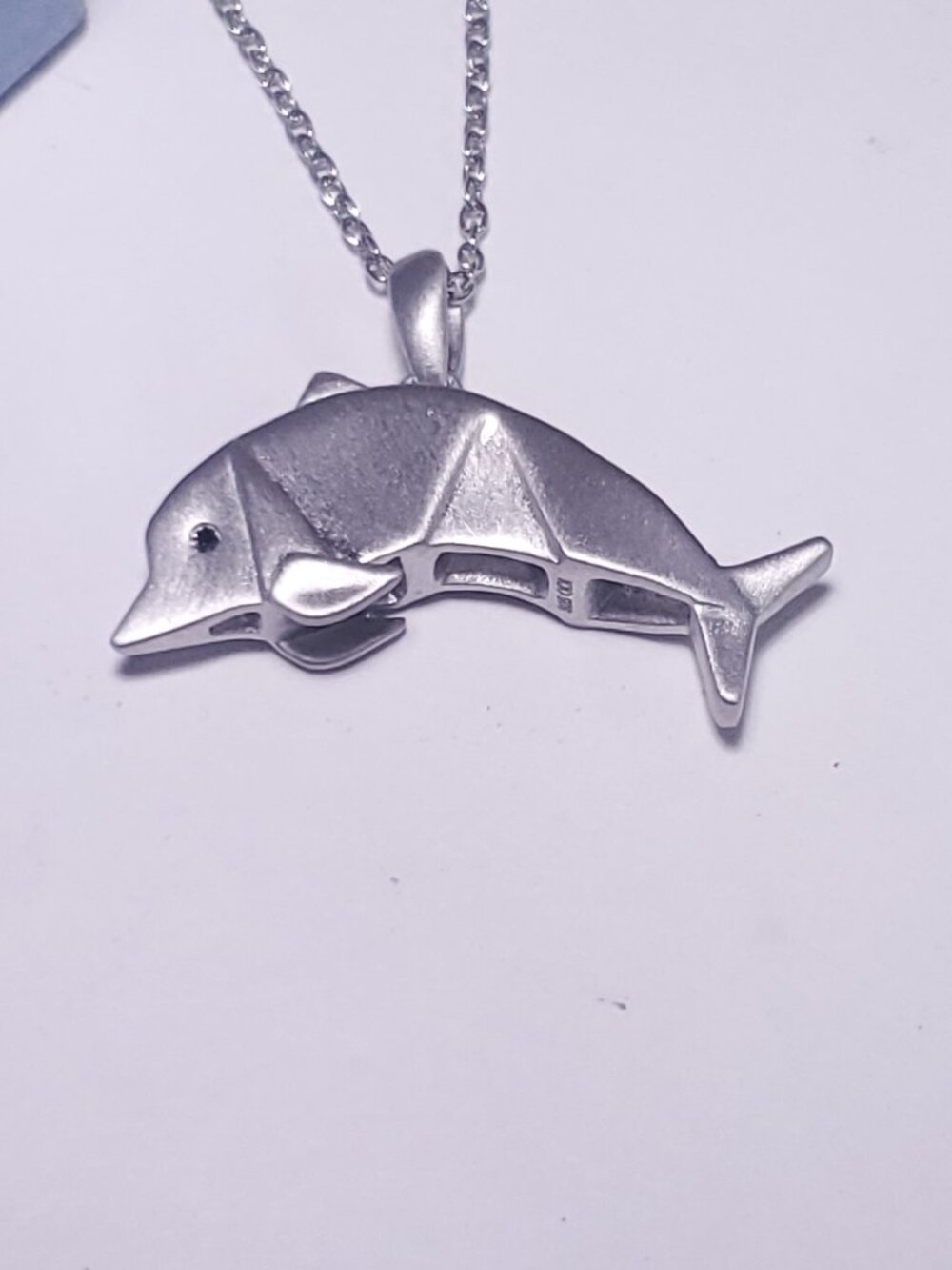 Estate .02ctw Irradiated Black Diamond eyes Dolphin 16/18"Sterling Necklace24601